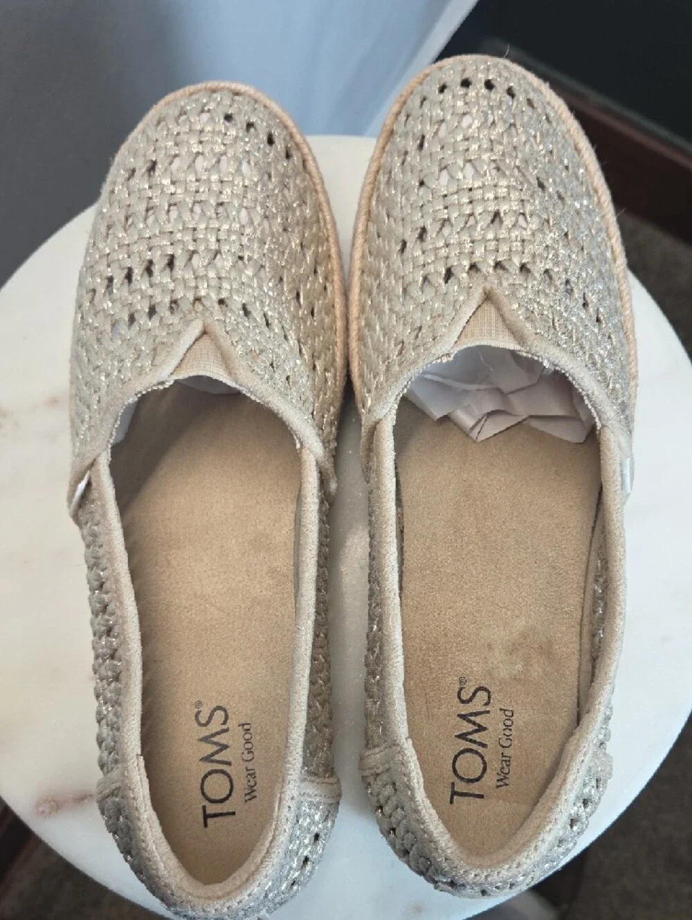 Toms Beige Woven Metallic-Accented Espadrille Slip-Ons Size 9.5
